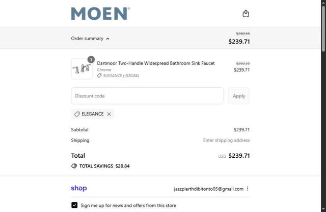 Moen US checkout page showing Moen US promo code box | Screenshot taken by SimplyCodes community member on Sep 10, 2025