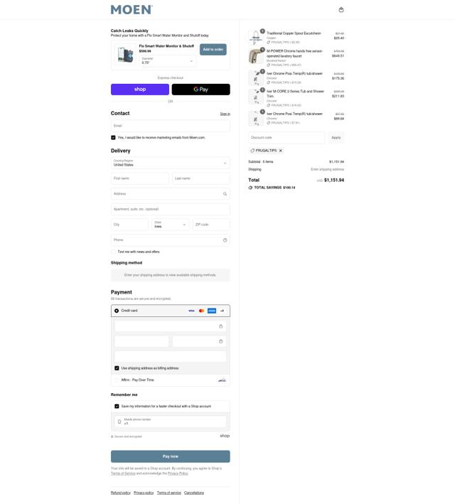 Moen US checkout page showing Moen US promo code box | Screenshot taken by SimplyCodes community member on Sep 14, 2025