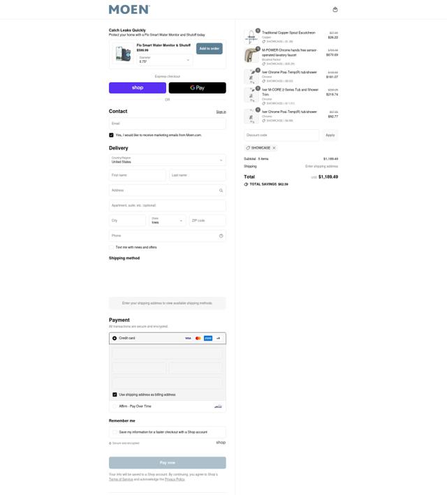 Moen US checkout page showing Moen US promo code box | Screenshot taken by SimplyCodes community member on Sep 14, 2025