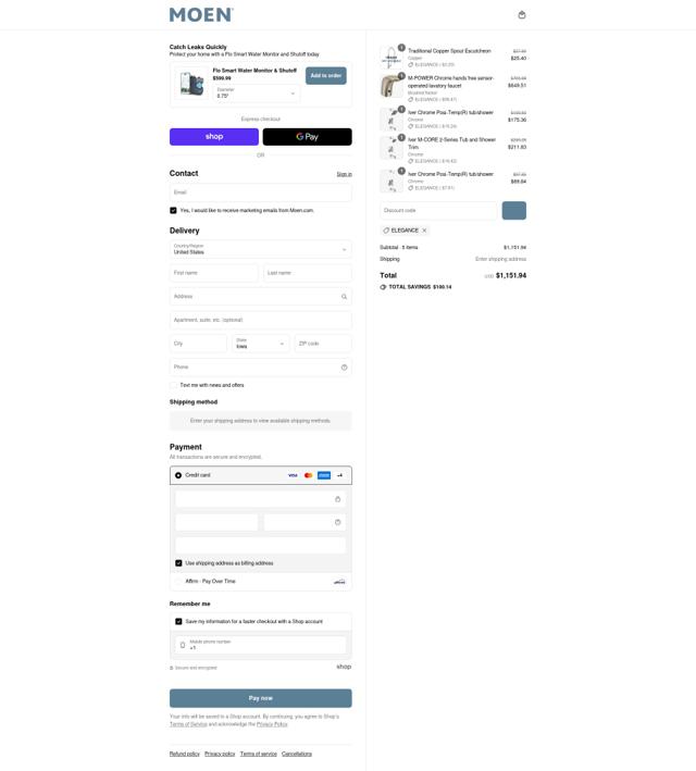 Moen US checkout page showing Moen US promo code box | Screenshot taken by SimplyCodes community member on Sep 14, 2025
