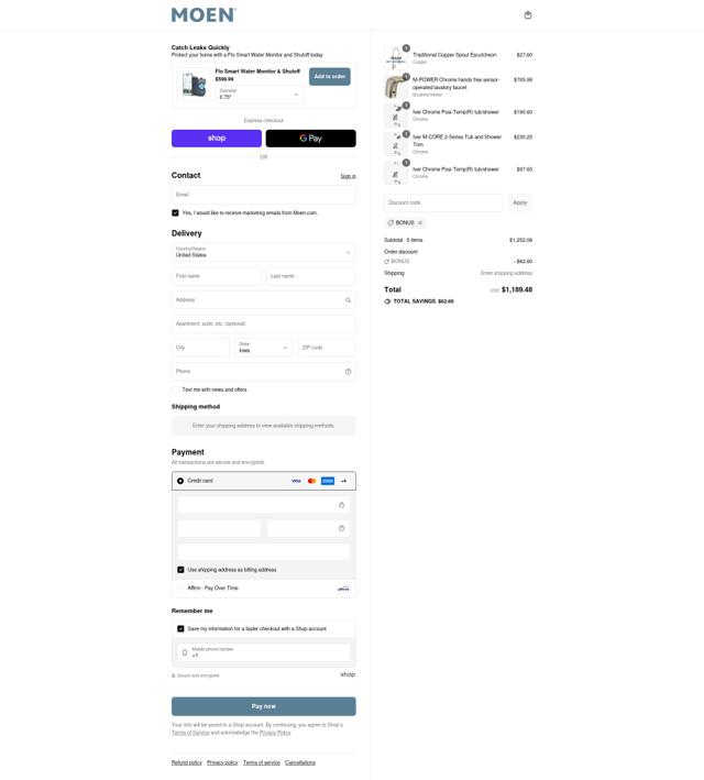 Moen US checkout page showing Moen US promo code box | Screenshot taken by SimplyCodes community member on Sep 14, 2025