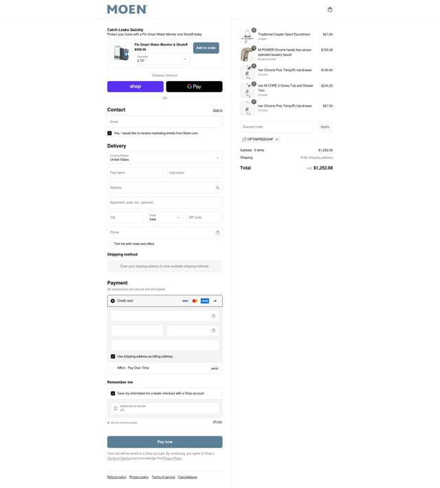 Moen US checkout page showing Moen US promo code box | Screenshot taken by SimplyCodes community member on Sep 14, 2025