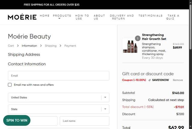 Moerie checkout page showing Moerie coupon code box | Screenshot taken by SimplyCodes community member on Sep 10, 2025