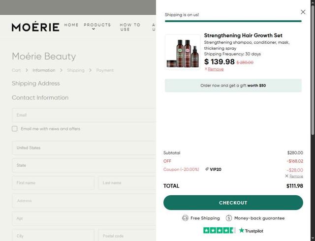 Moerie checkout page showing Moerie coupon code box | Screenshot taken by SimplyCodes community member on Sep 4, 2025