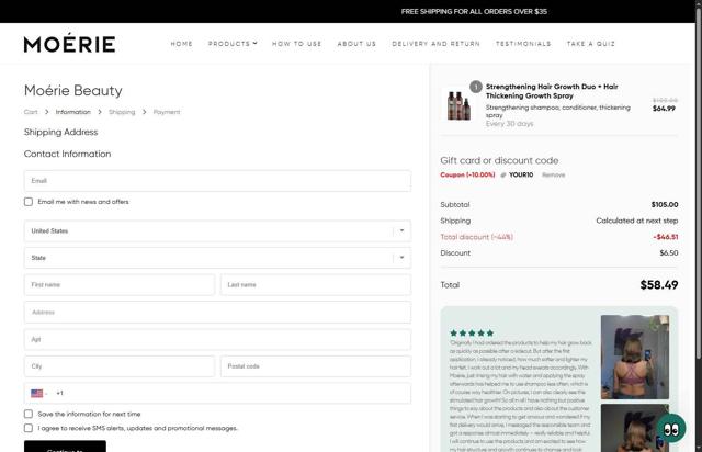 Moerie checkout page showing Moerie coupon code box | Screenshot taken by SimplyCodes community member on Sep 6, 2025