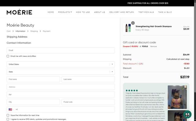 Moerie checkout page showing Moerie coupon code box | Screenshot taken by SimplyCodes community member on Aug 22, 2025