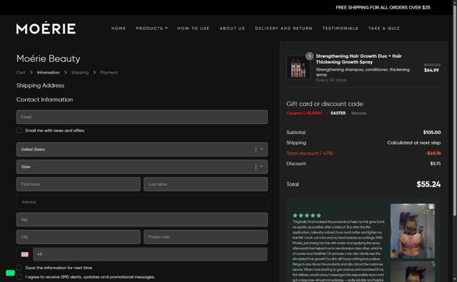 Moerie checkout page showing Moerie coupon code box | Screenshot taken by SimplyCodes community member on Sep 6, 2025