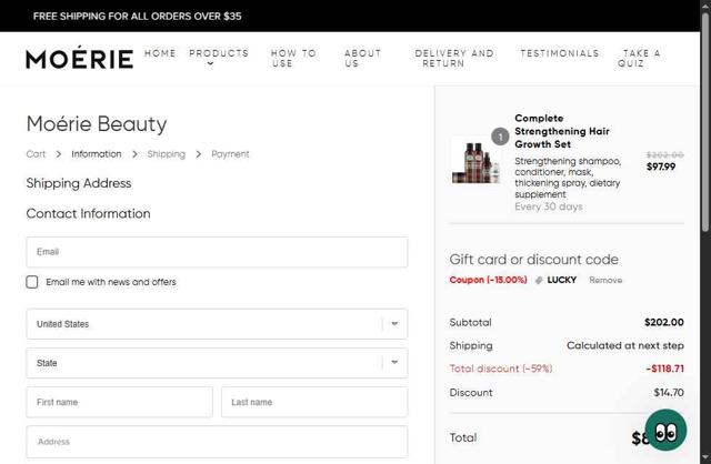 Moerie checkout page showing Moerie coupon code box | Screenshot taken by SimplyCodes community member on Sep 7, 2025