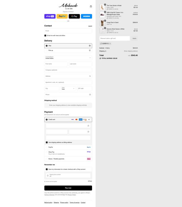 Mohawk General Store checkout page showing Mohawk General Store promo code box | Screenshot taken by SimplyCodes community member on Aug 22, 2025