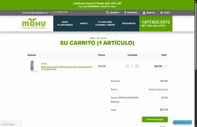 Mohu checkout page showing Mohu promo code box | Screenshot taken by SimplyCodes community member on May 16, 2025