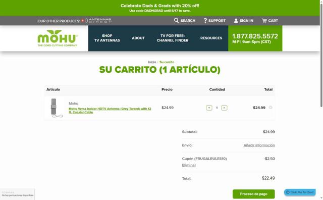 Mohu checkout page showing Mohu promo code box | Screenshot taken by SimplyCodes community member on May 16, 2025