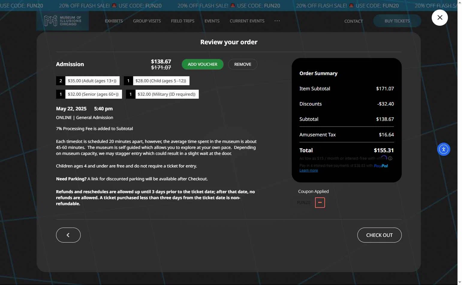 Museum of Illusions Chicago checkout page showing Museum of Illusions Chicago promo code box | Screenshot taken by SimplyCodes community member on May 21, 2025