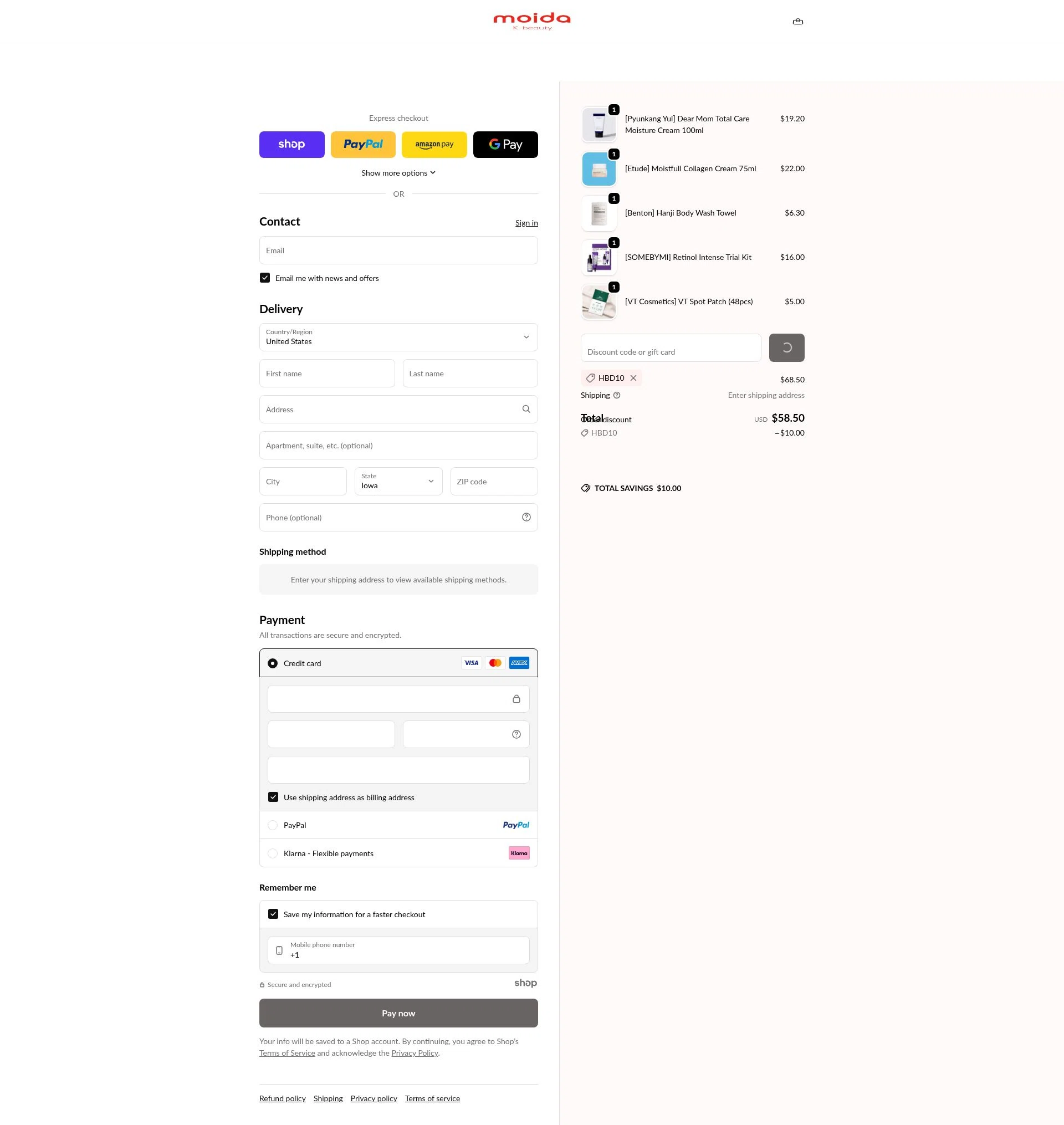 MOIDA checkout page showing MOIDA discount code box | Screenshot taken by SimplyCodes community member on Dec 28, 2025