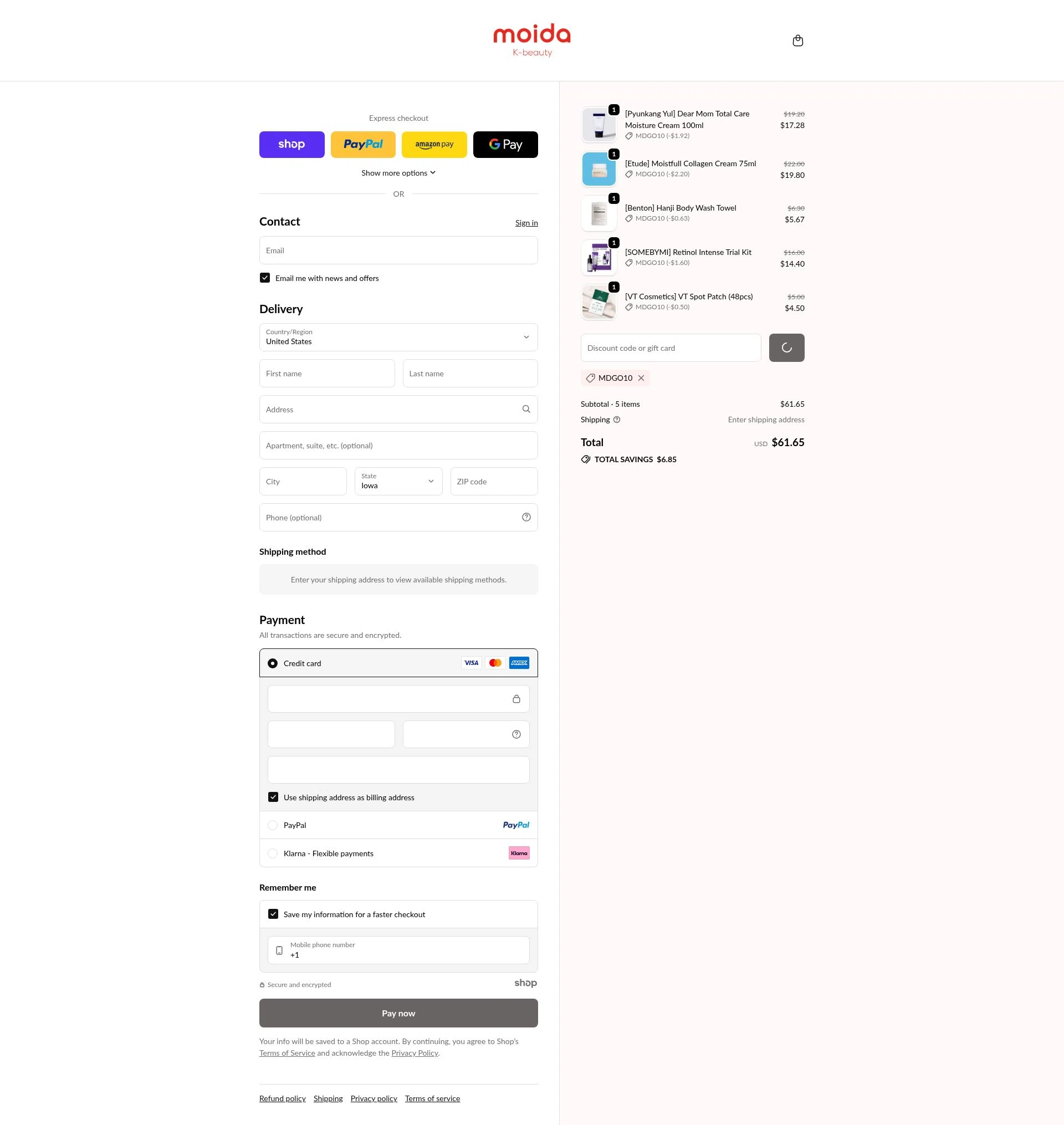 MOIDA checkout page showing MOIDA discount code box | Screenshot taken by SimplyCodes community member on Dec 28, 2025