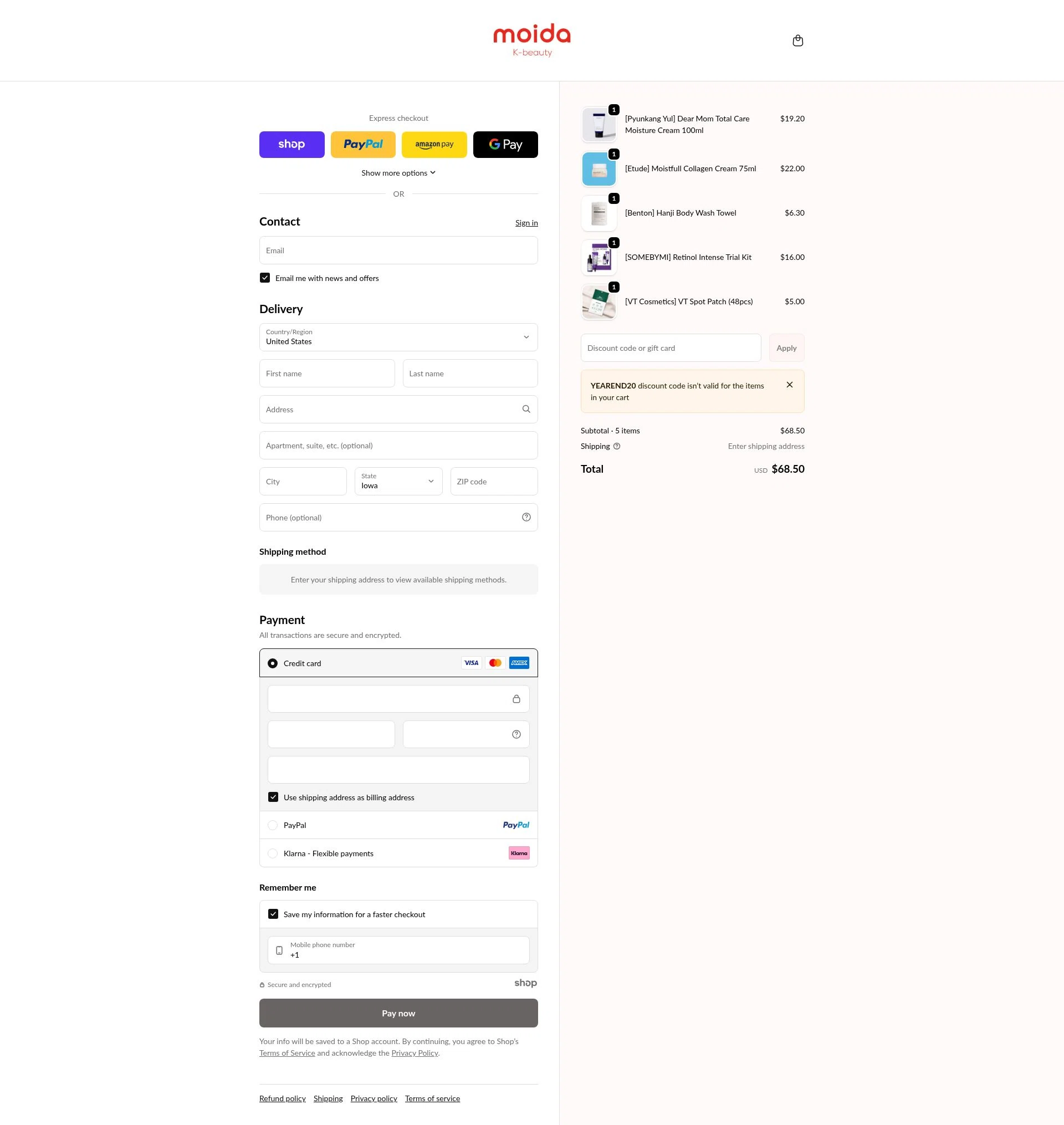MOIDA checkout page showing MOIDA discount code box | Screenshot taken by SimplyCodes community member on Dec 23, 2025