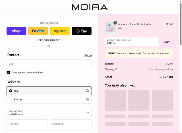 Moira Beauty checkout page showing Moira Beauty discount code box | Screenshot taken by SimplyCodes community member on Sep 15, 2025