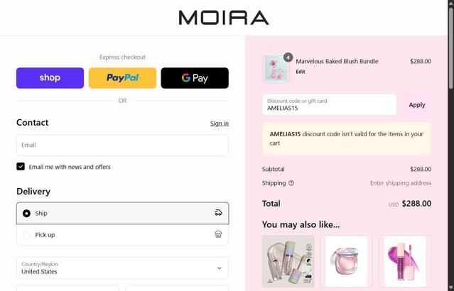 Moira Beauty checkout page showing Moira Beauty discount code box | Screenshot taken by SimplyCodes community member on Sep 15, 2025
