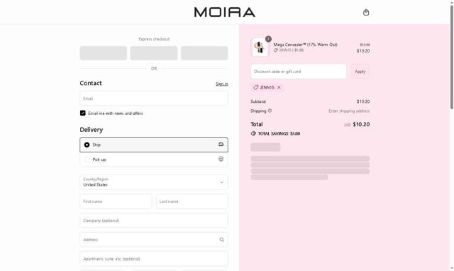 Moira Beauty checkout page showing Moira Beauty discount code box | Screenshot taken by SimplyCodes community member on Sep 15, 2025
