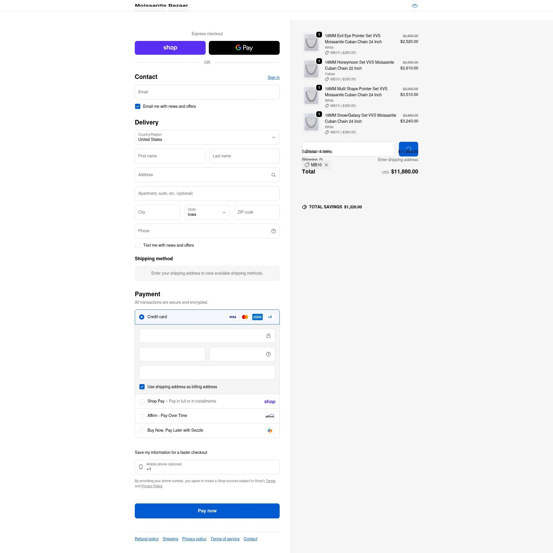 Moissanite Bazaar checkout page showing Moissanite Bazaar promo code box | Screenshot taken by SimplyCodes community member on Feb 6, 2026