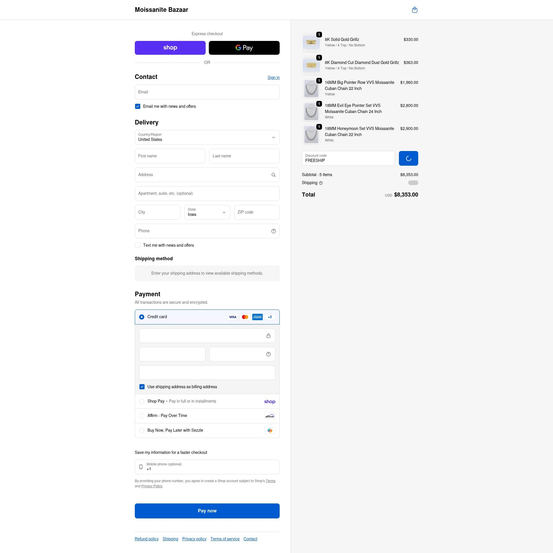 Moissanite Bazaar checkout page showing Moissanite Bazaar promo code box | Screenshot taken by SimplyCodes community member on Feb 10, 2026