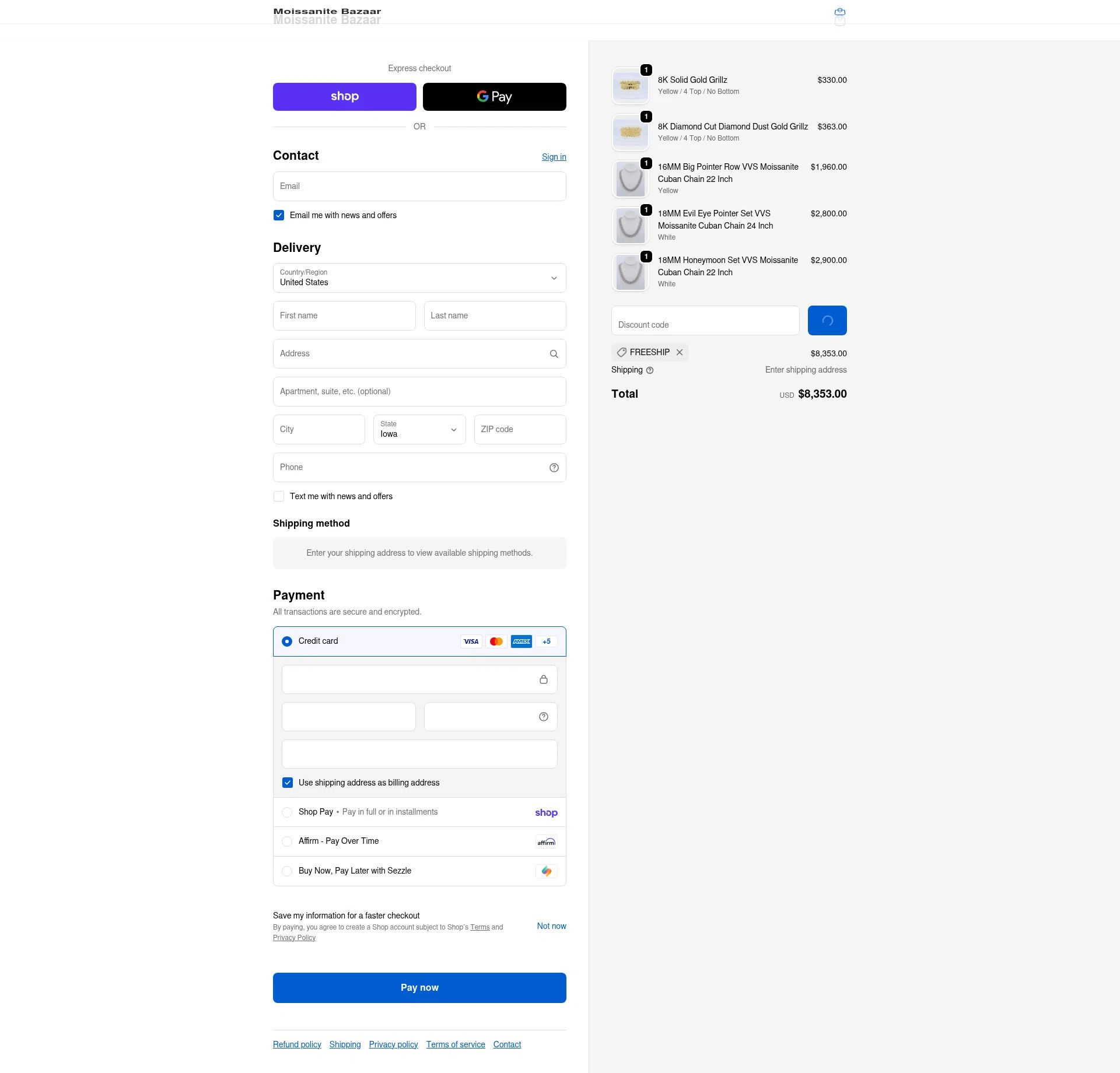 Moissanite Bazaar checkout page showing Moissanite Bazaar promo code box | Screenshot taken by SimplyCodes community member on Feb 14, 2026