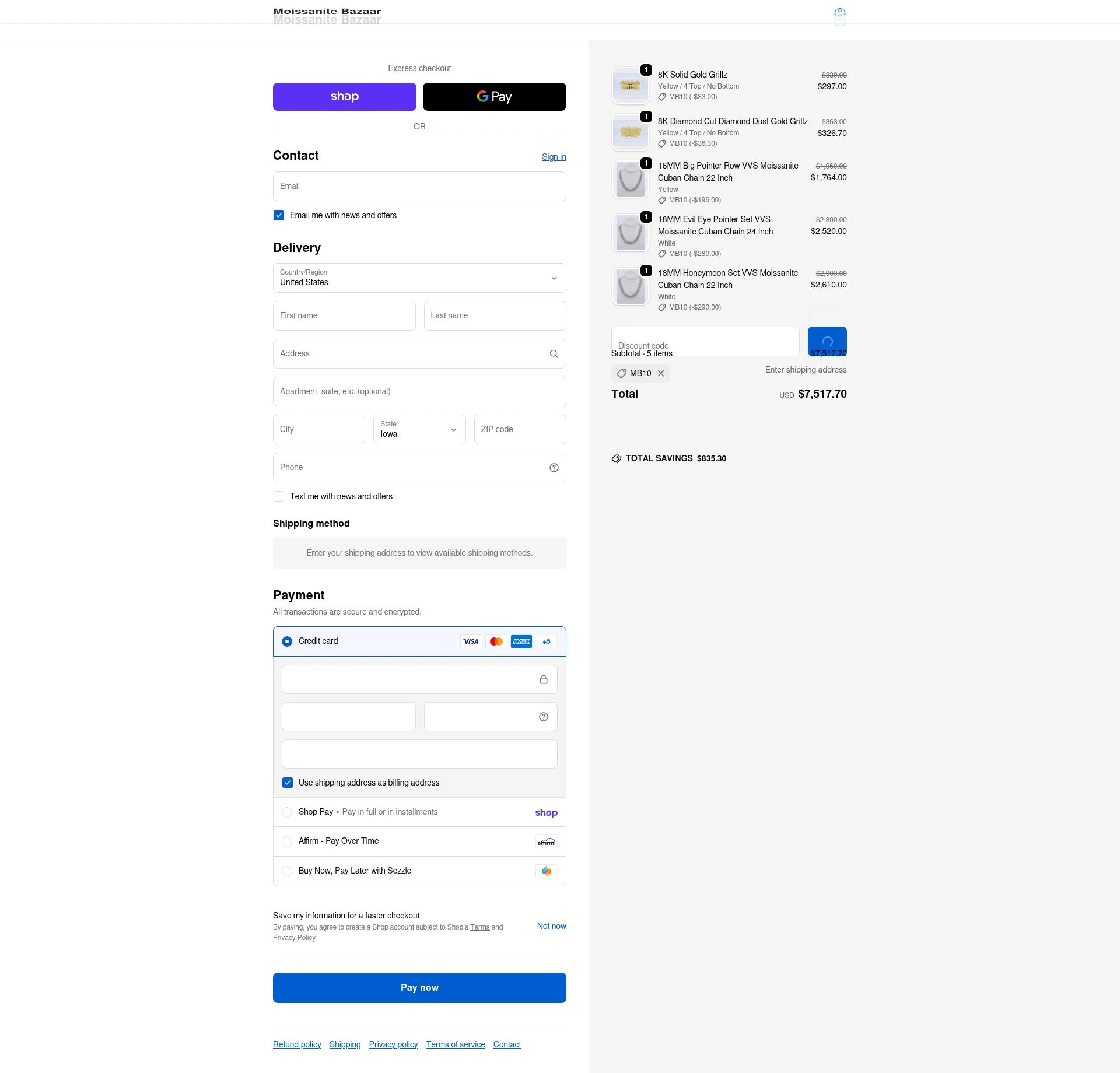 Moissanite Bazaar checkout page showing Moissanite Bazaar promo code box | Screenshot taken by SimplyCodes community member on Feb 14, 2026