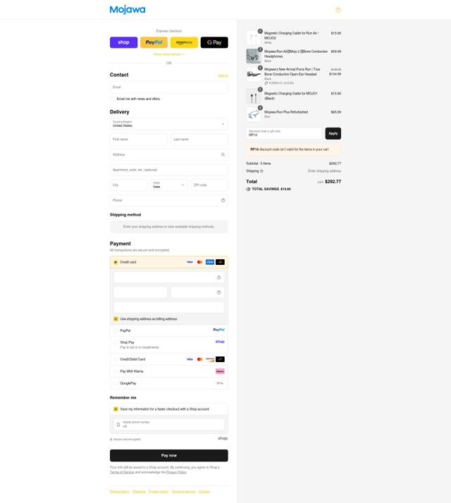 Mojawa checkout page showing Mojawa discount code box | Screenshot taken by SimplyCodes community member on Sep 13, 2025