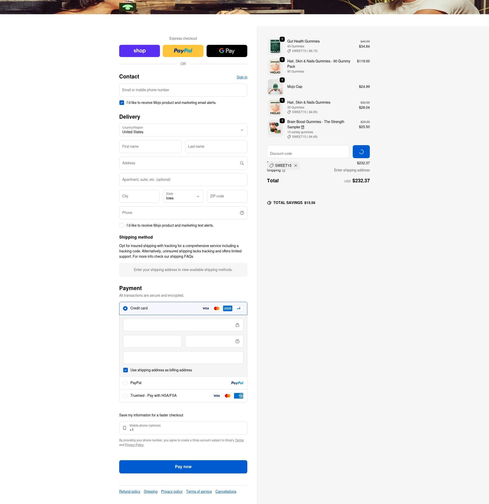 Mojo checkout page showing Mojo discount code box | Screenshot taken by SimplyCodes community member on Feb 9, 2026