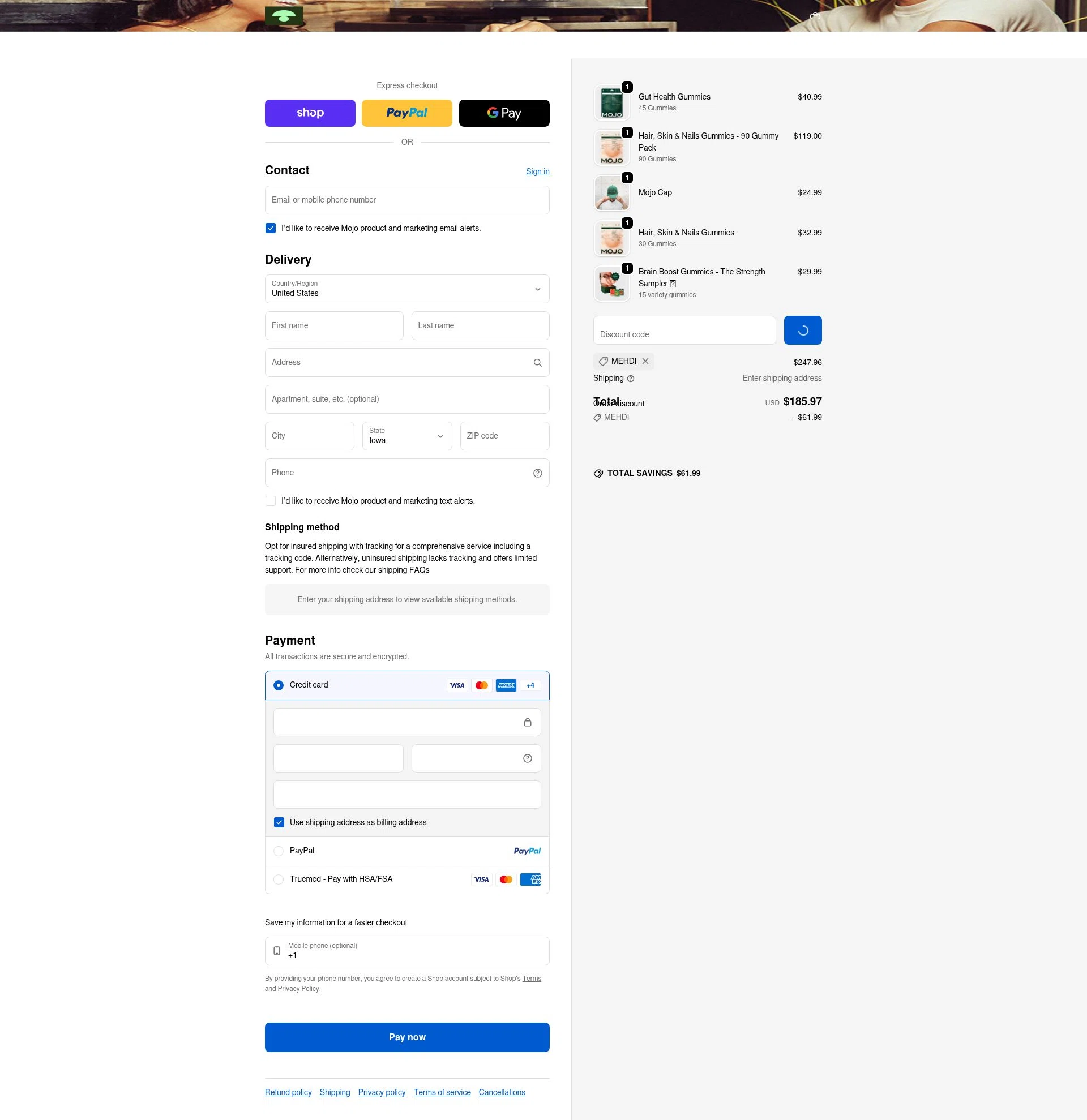 Mojo checkout page showing Mojo discount code box | Screenshot taken by SimplyCodes community member on Feb 9, 2026