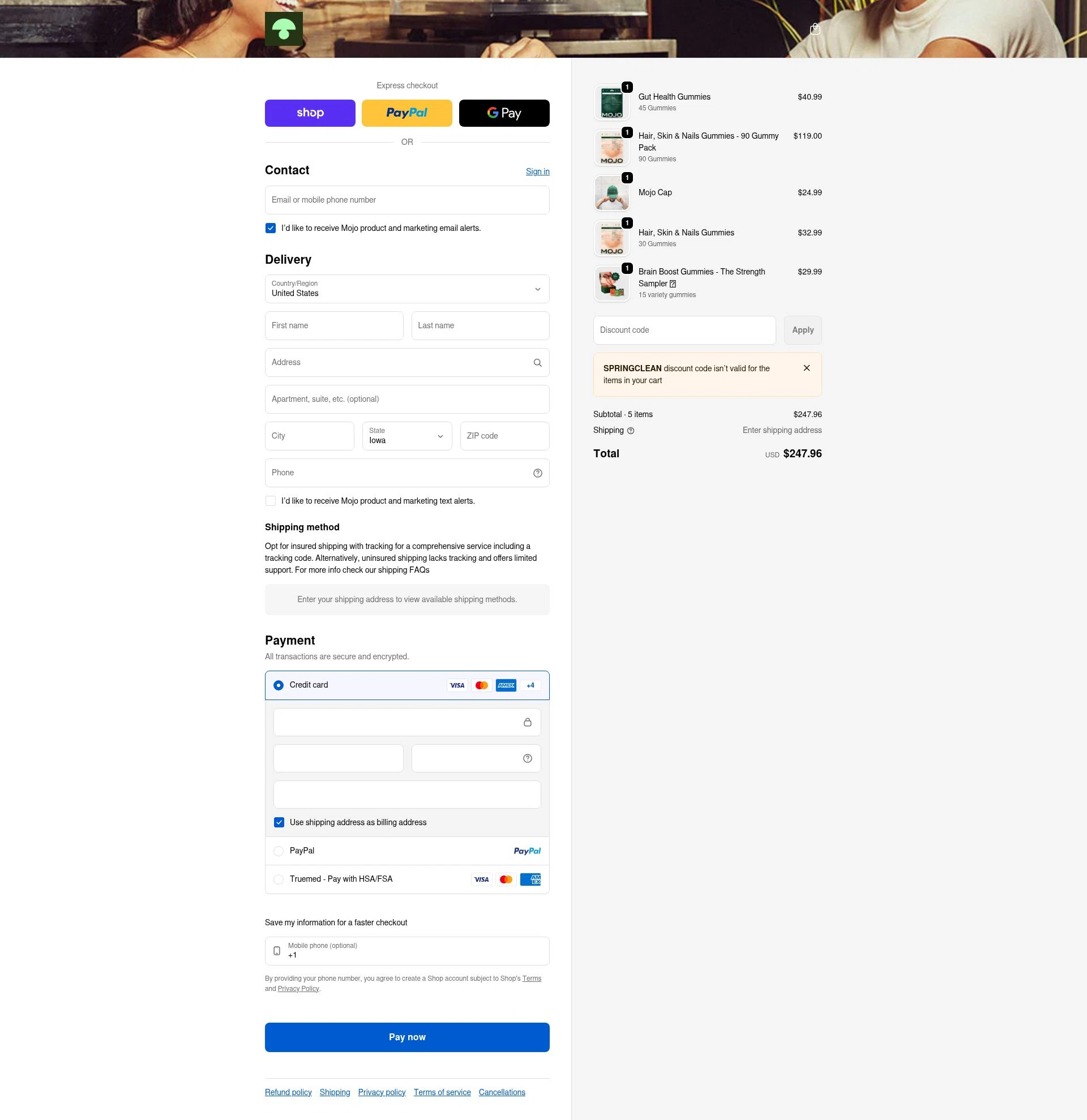 Mojo checkout page showing Mojo discount code box | Screenshot taken by SimplyCodes community member on Feb 9, 2026