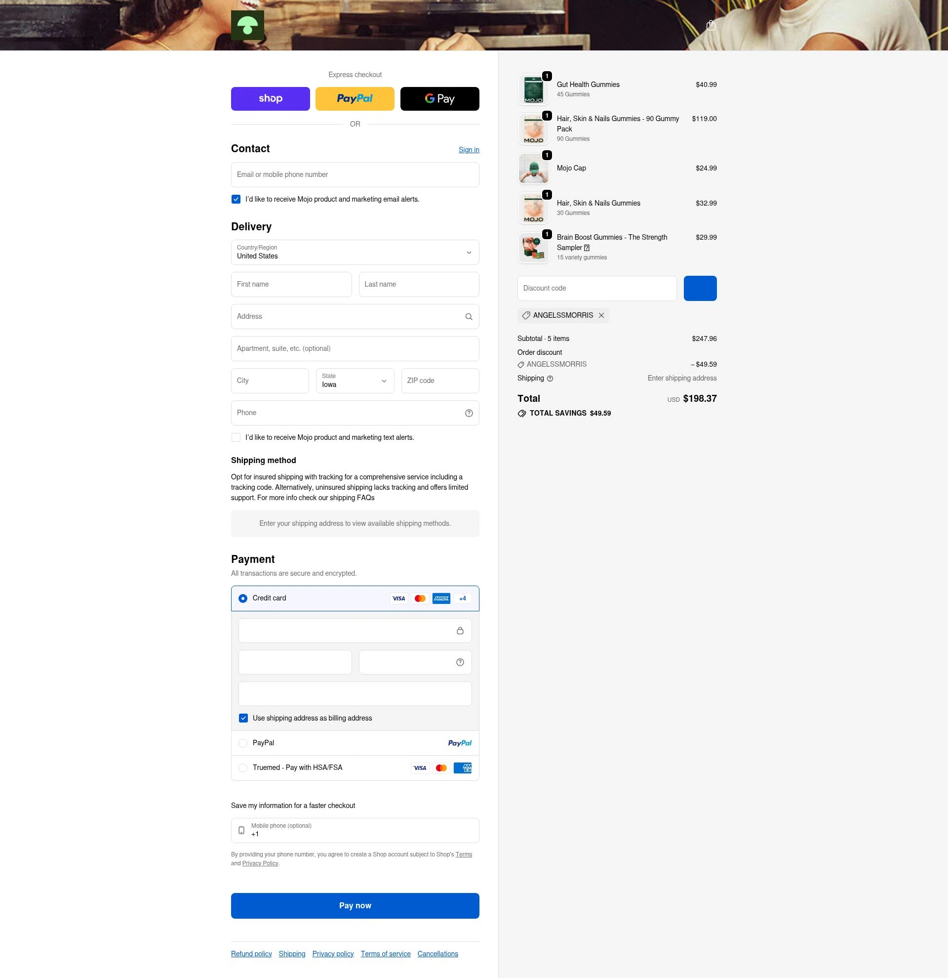 Mojo checkout page showing Mojo discount code box | Screenshot taken by SimplyCodes community member on Feb 9, 2026