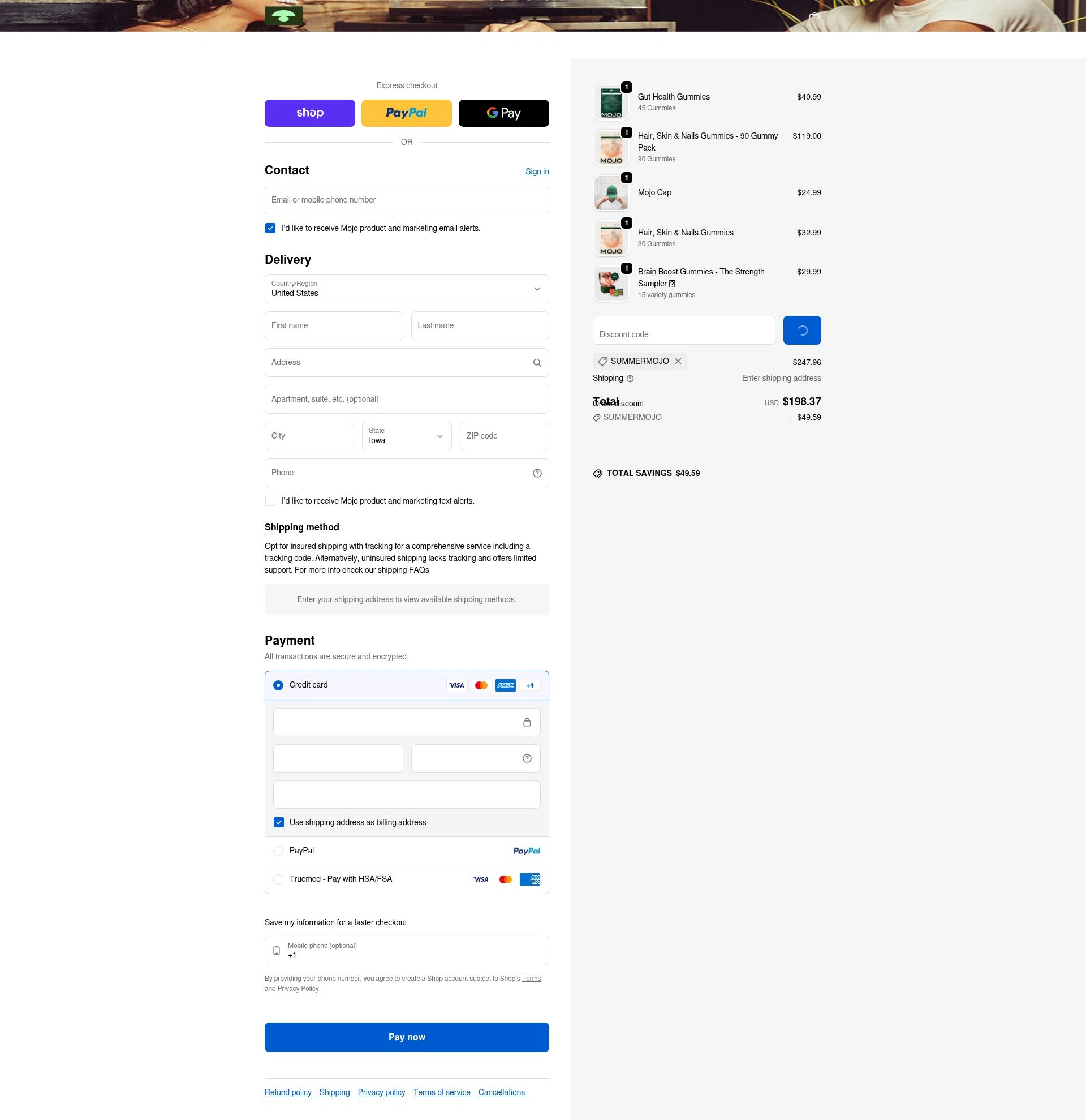 Mojo checkout page showing Mojo discount code box | Screenshot taken by SimplyCodes community member on Feb 9, 2026