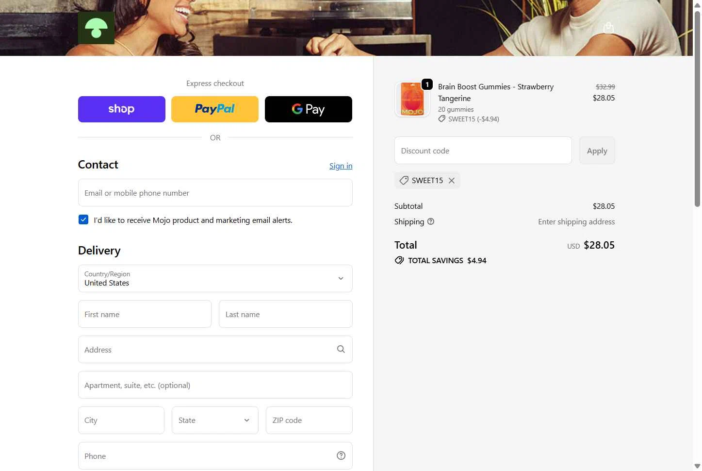 Mojo checkout page showing Mojo discount code box | Screenshot taken by SimplyCodes community member on Feb 9, 2026