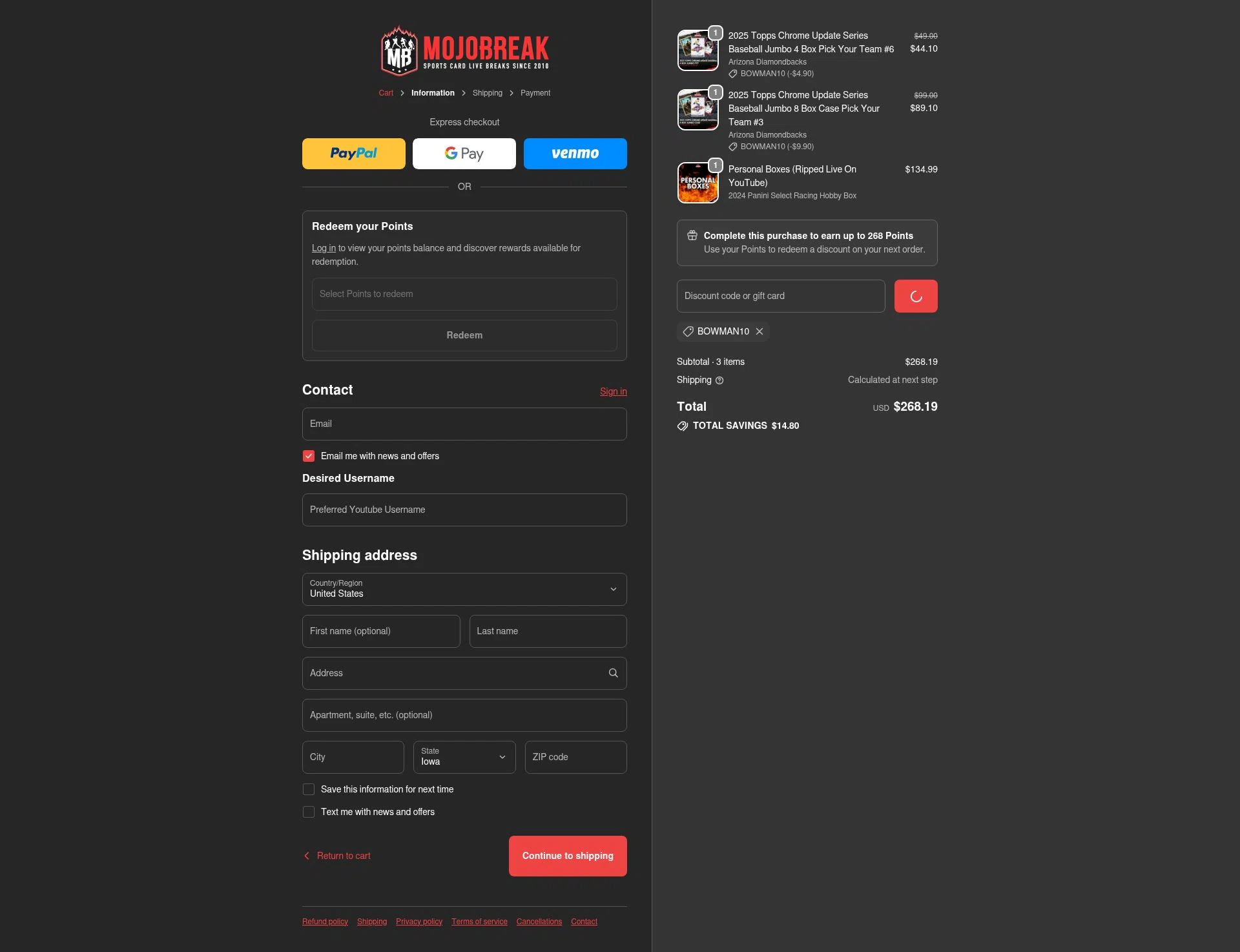 Mojobreak checkout page showing Mojobreak discount code box | Screenshot taken by SimplyCodes community member on Jan 2, 2026