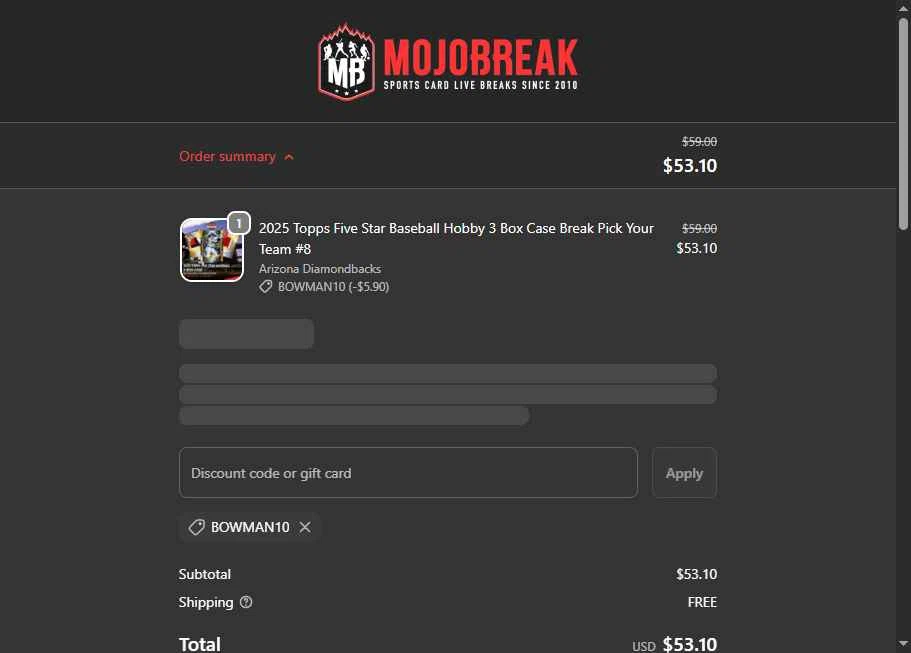 Mojobreak checkout page showing Mojobreak discount code box | Screenshot taken by SimplyCodes community member on Jan 9, 2026
