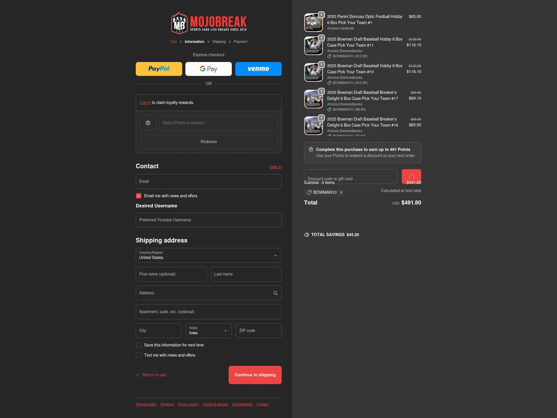 Mojobreak checkout page showing Mojobreak discount code box | Screenshot taken by SimplyCodes community member on Jan 27, 2026