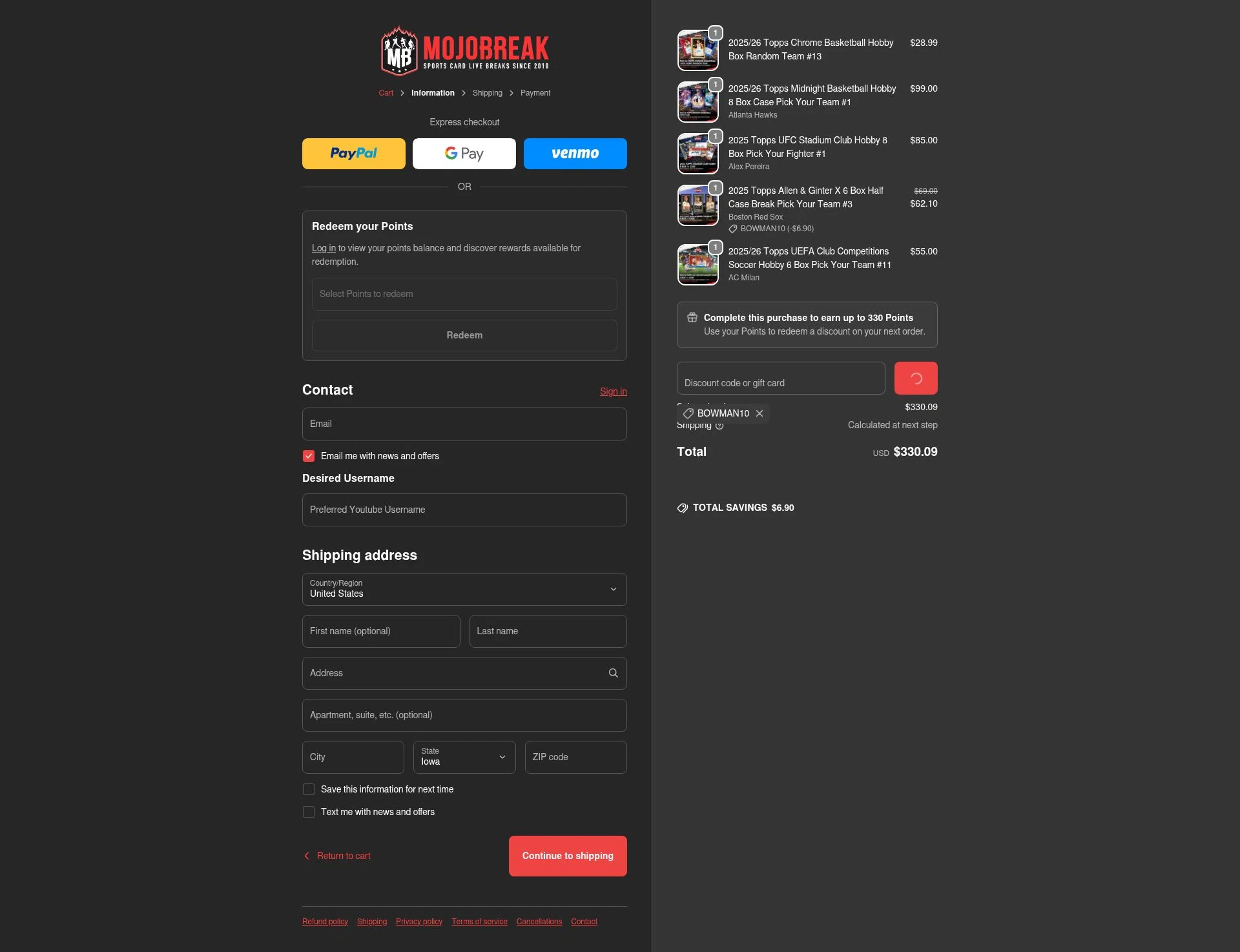 Mojobreak checkout page showing Mojobreak discount code box | Screenshot taken by SimplyCodes community member on Jan 23, 2026