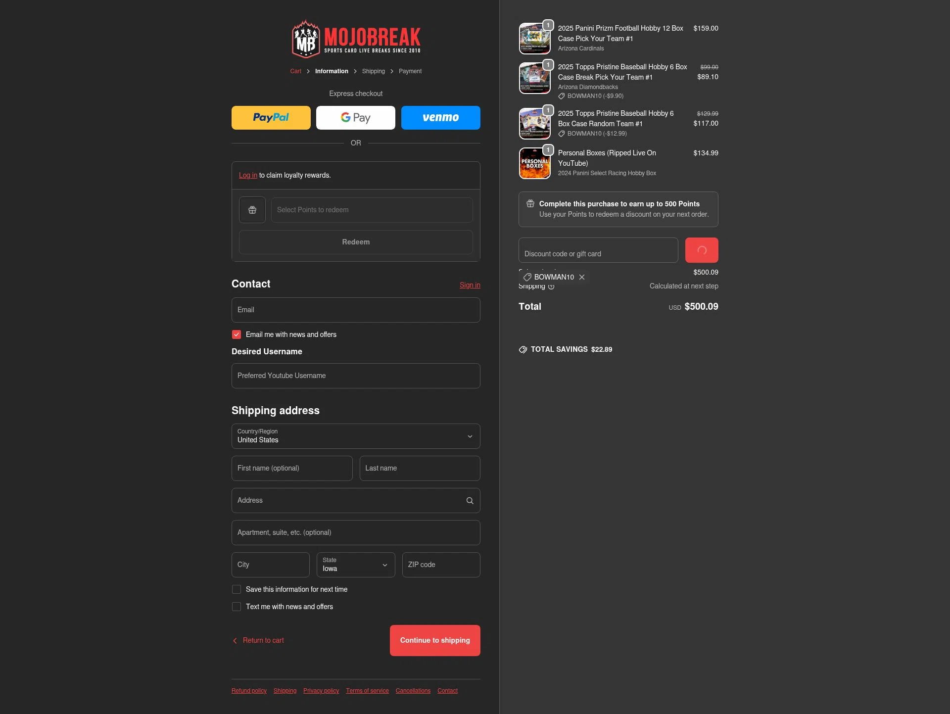 Mojobreak checkout page showing Mojobreak discount code box | Screenshot taken by SimplyCodes community member on Feb 1, 2026