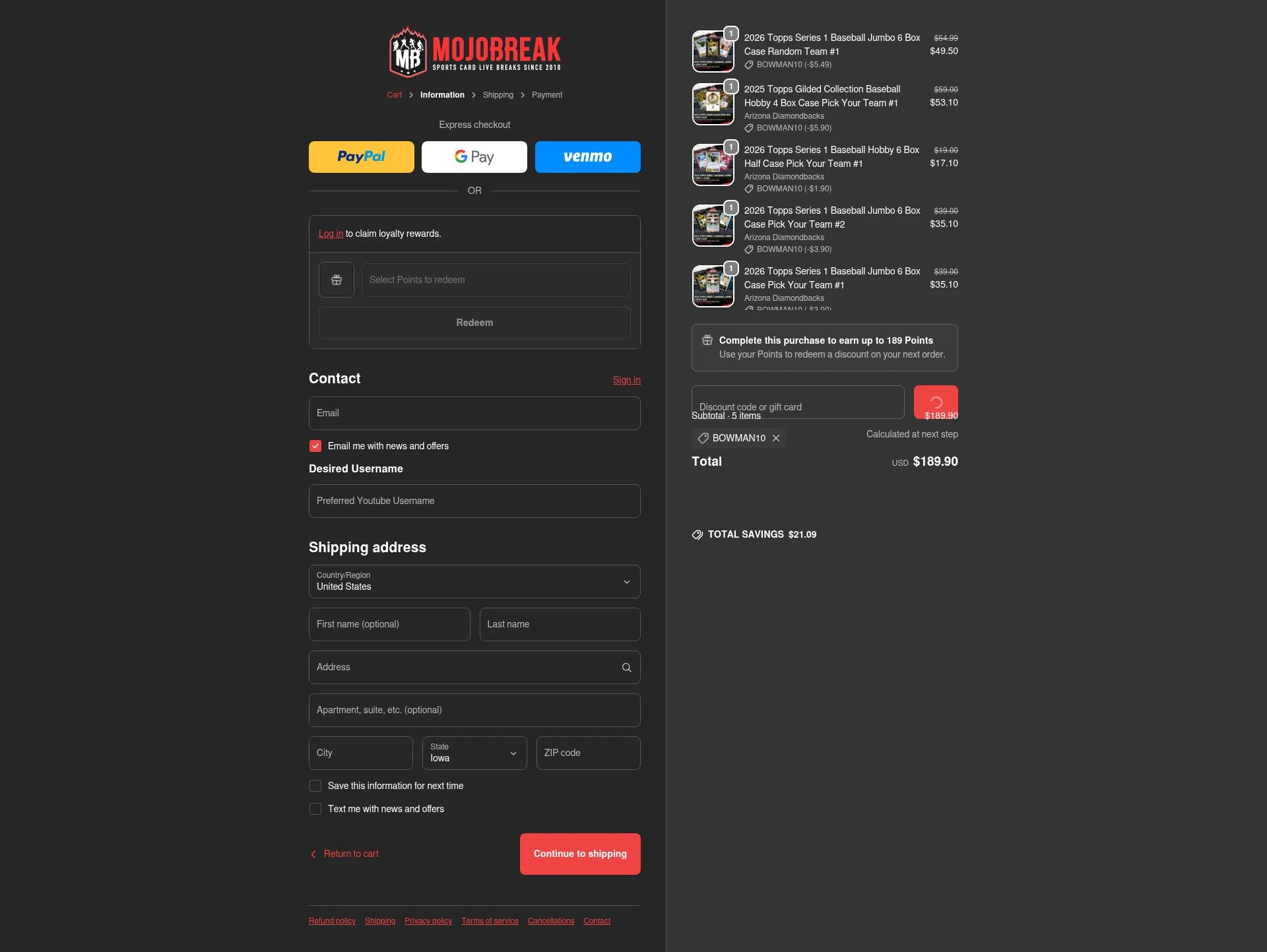 Mojobreak checkout page showing Mojobreak discount code box | Screenshot taken by SimplyCodes community member on Feb 5, 2026