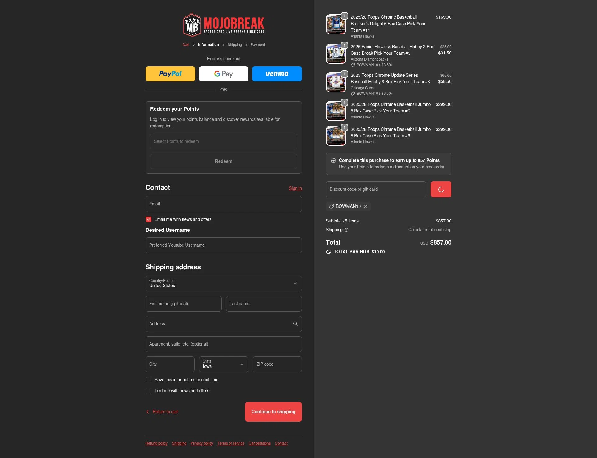 Mojobreak checkout page showing Mojobreak discount code box | Screenshot taken by SimplyCodes community member on Dec 28, 2025