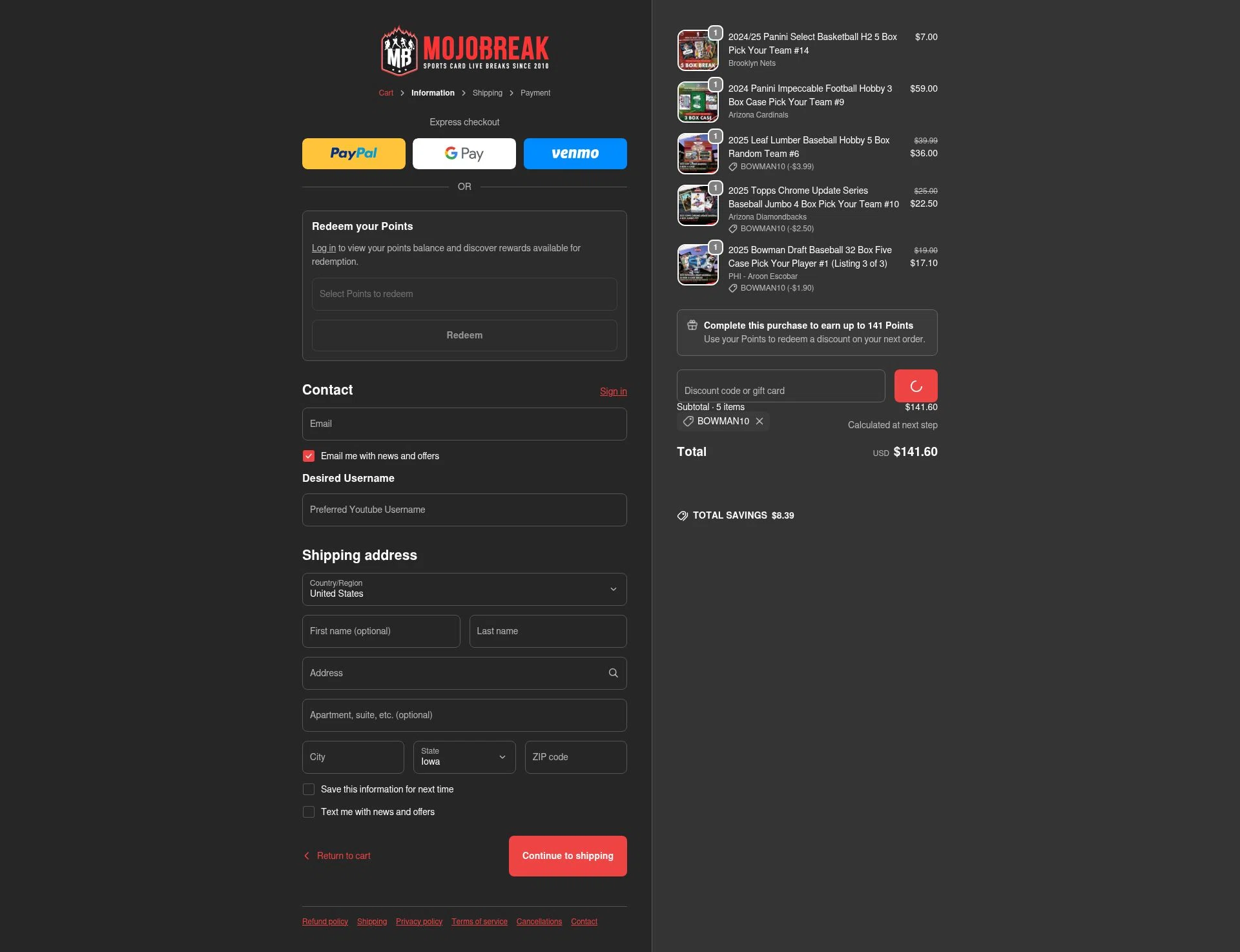 Mojobreak checkout page showing Mojobreak discount code box | Screenshot taken by SimplyCodes community member on Jan 13, 2026