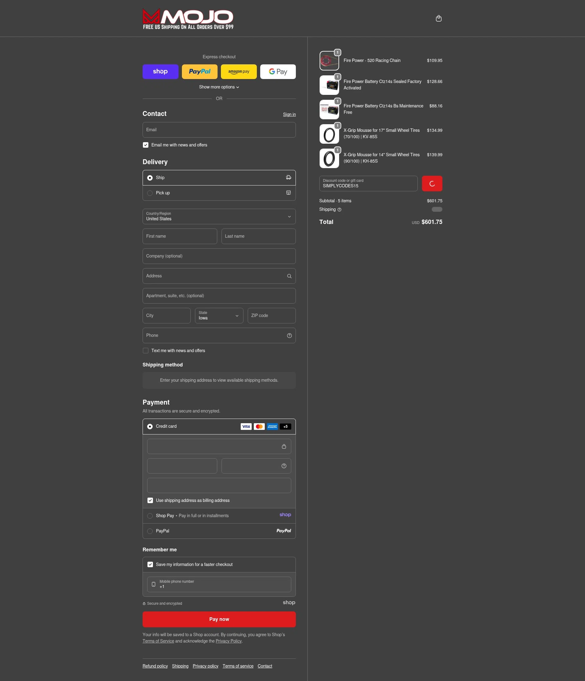 MojoMotoSport.com checkout page showing MojoMotoSport.com promo code box | Screenshot taken by SimplyCodes community member on Jan 9, 2026
