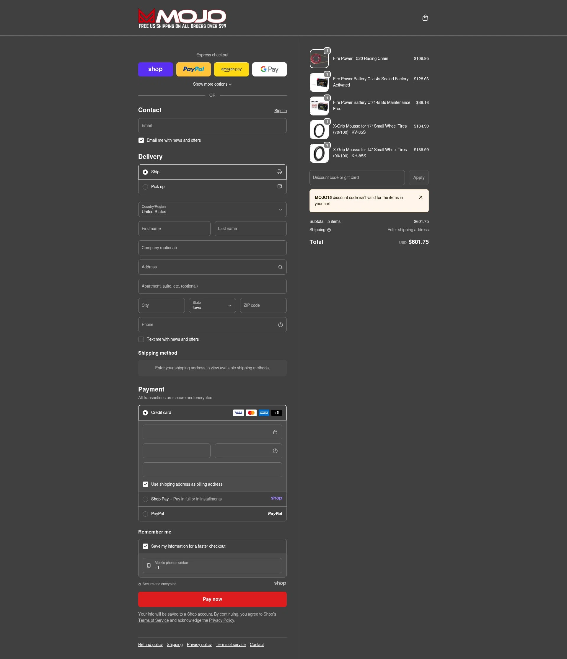 MojoMotoSport.com checkout page showing MojoMotoSport.com promo code box | Screenshot taken by SimplyCodes community member on Jan 9, 2026