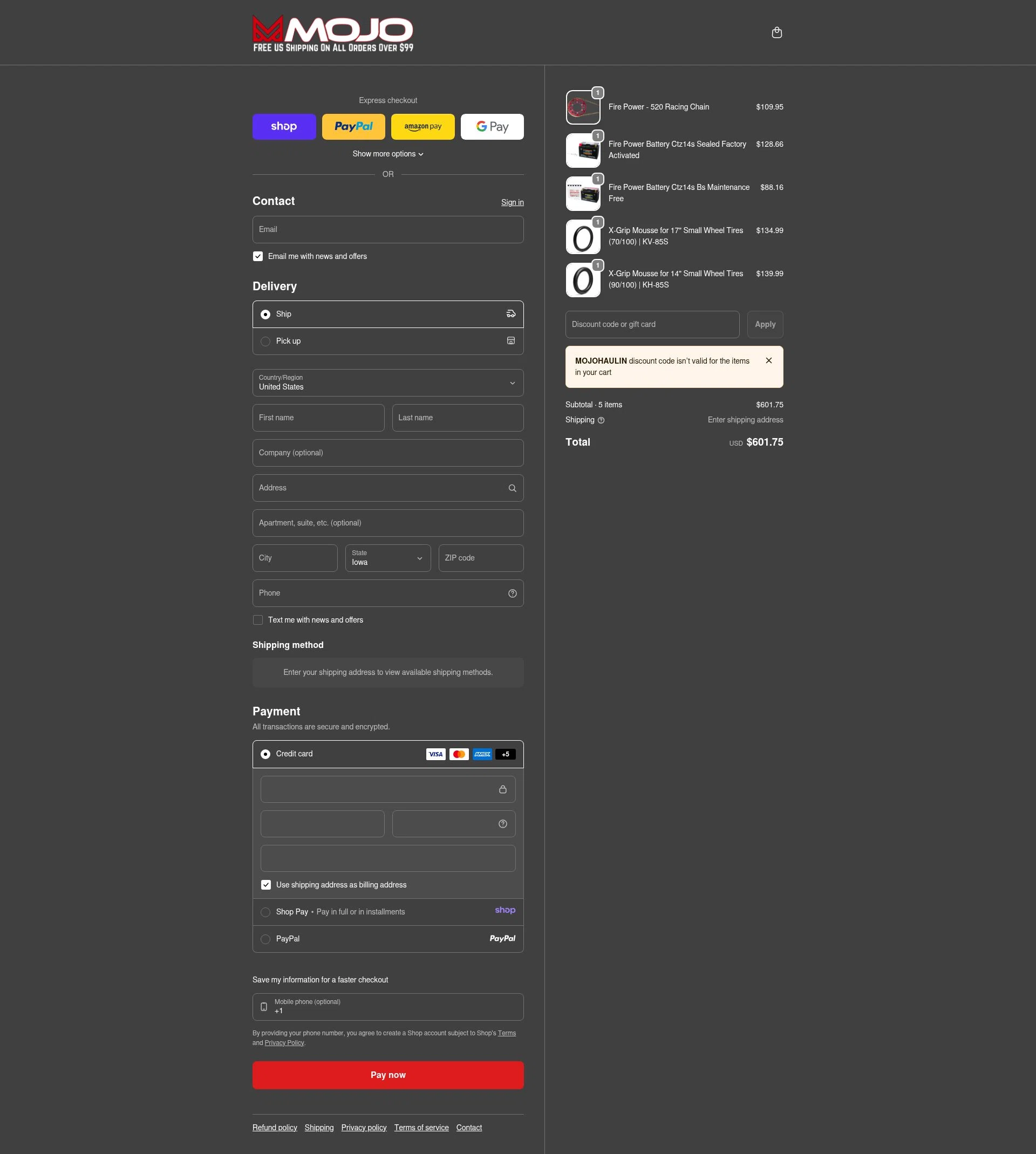 MojoMotoSport.com checkout page showing MojoMotoSport.com promo code box | Screenshot taken by SimplyCodes community member on Jan 9, 2026