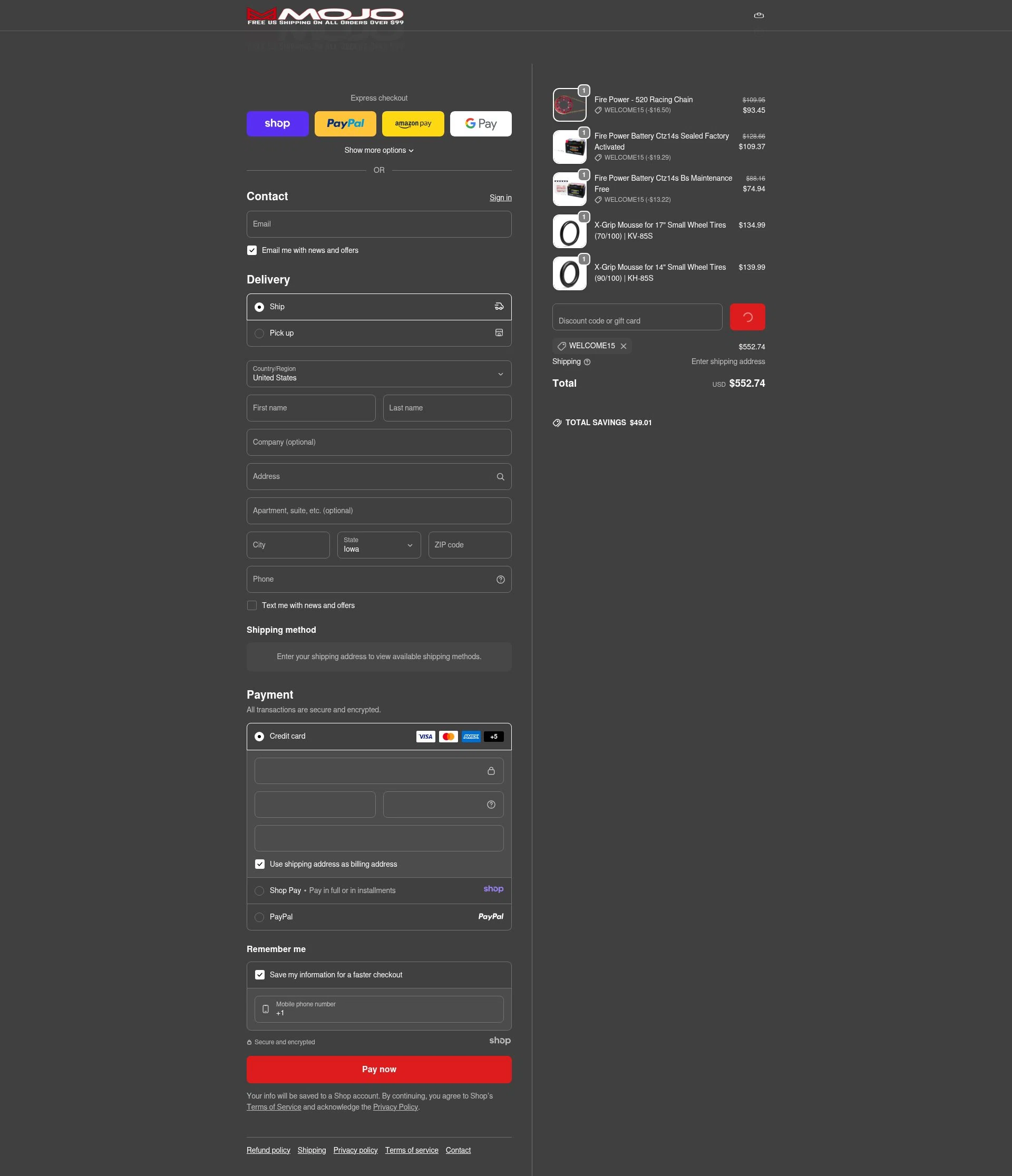 MojoMotoSport.com checkout page showing MojoMotoSport.com promo code box | Screenshot taken by SimplyCodes community member on Jan 9, 2026