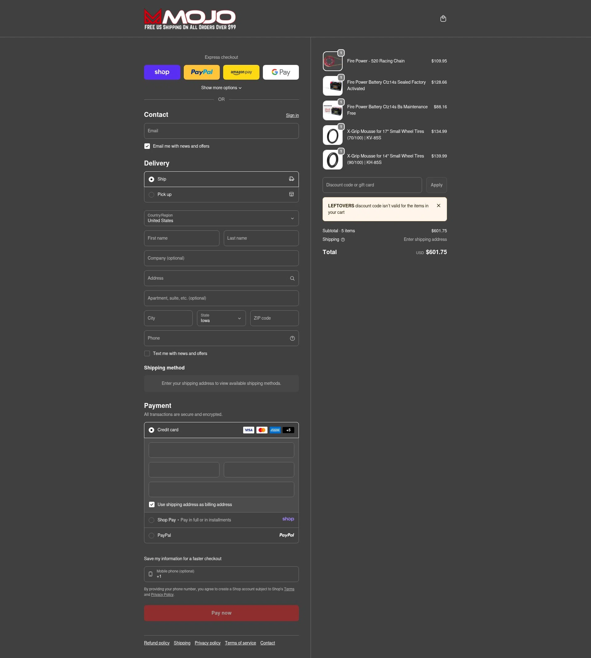 MojoMotoSport.com checkout page showing MojoMotoSport.com promo code box | Screenshot taken by SimplyCodes community member on Jan 9, 2026