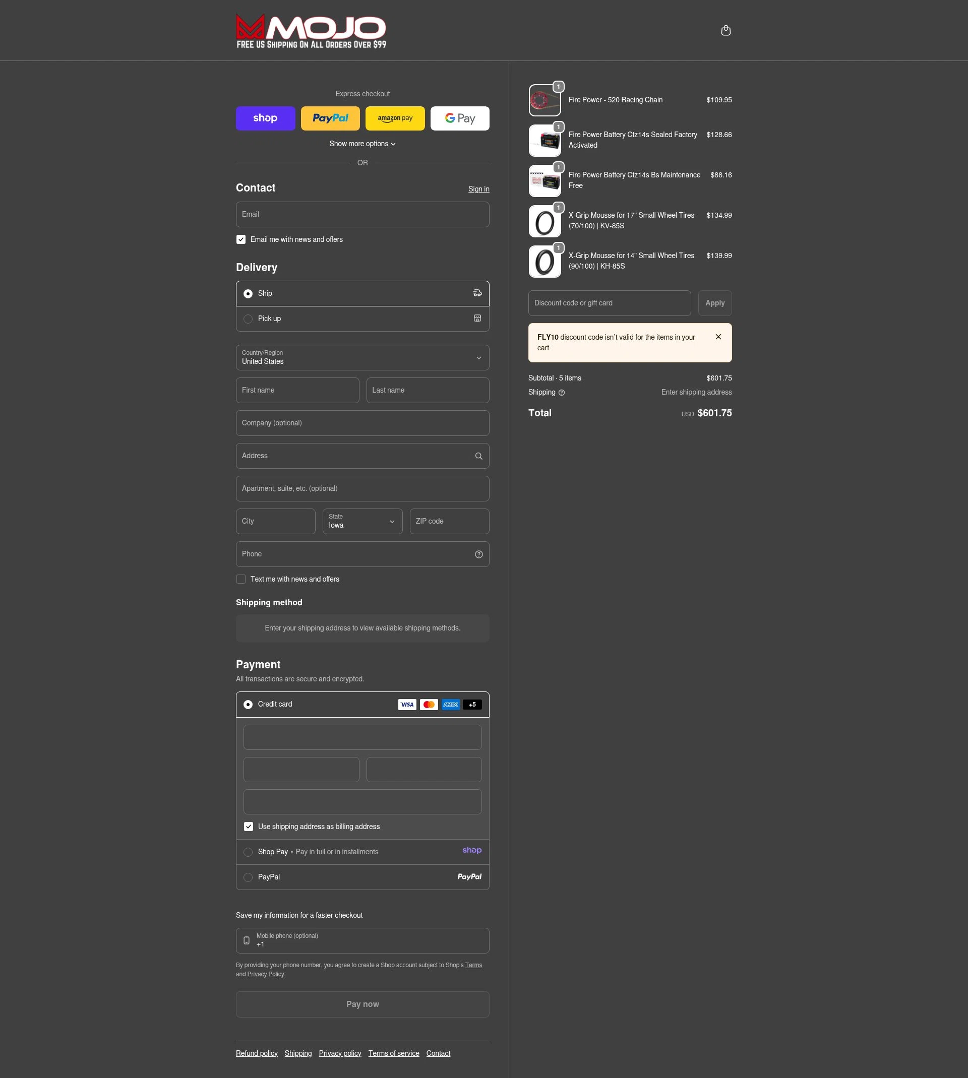 MojoMotoSport.com checkout page showing MojoMotoSport.com promo code box | Screenshot taken by SimplyCodes community member on Jan 9, 2026