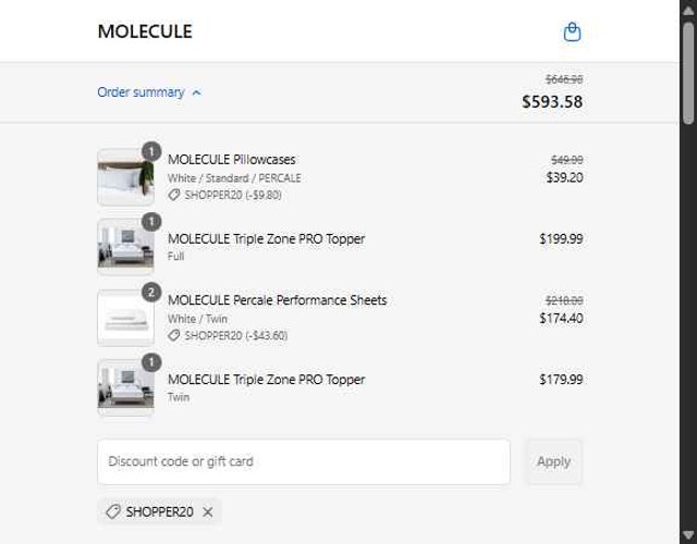 Molecule checkout page showing Molecule promo code box | Screenshot taken by SimplyCodes community member on Sep 3, 2025