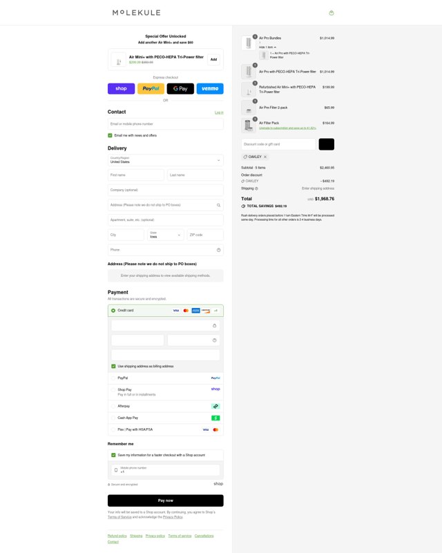 Molekule checkout page showing Molekule discount code box | Screenshot taken by SimplyCodes community member on Sep 8, 2025