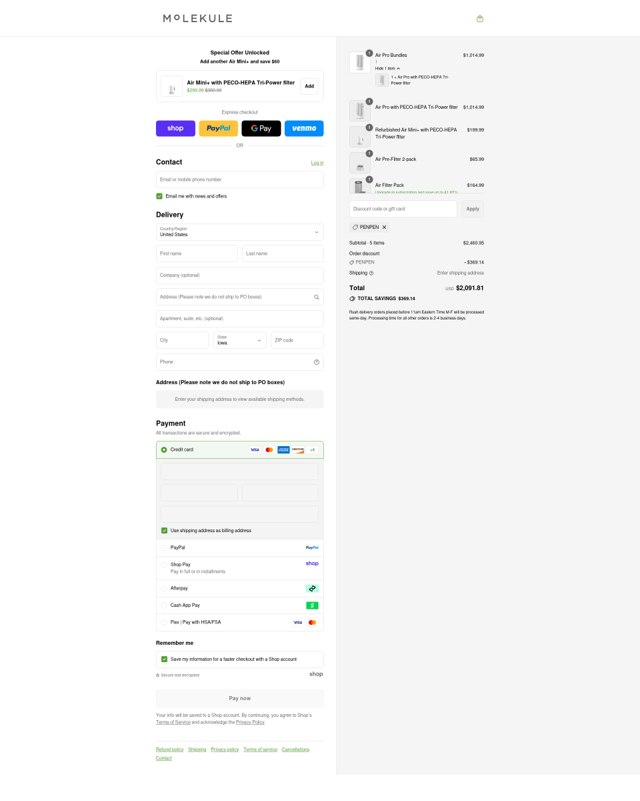 Molekule checkout page showing Molekule discount code box | Screenshot taken by SimplyCodes community member on Sep 8, 2025